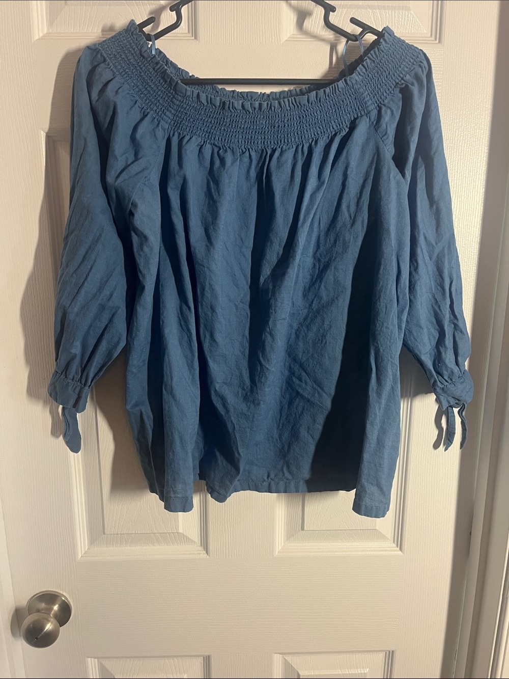 LOFT Blue Off-Shoulder Smocked Peasant Blouse